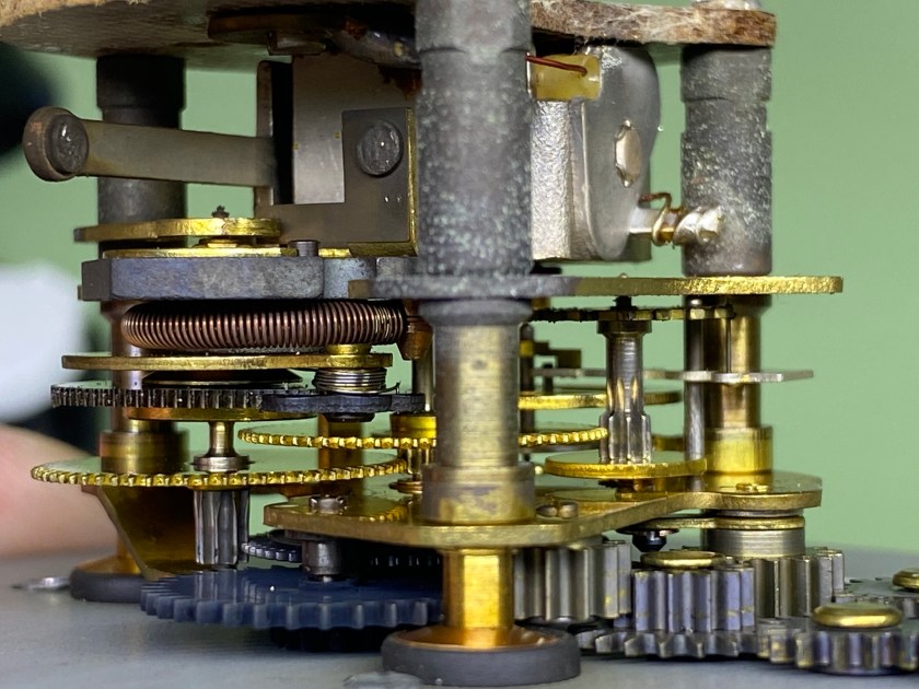 Close-up view of the clock movement